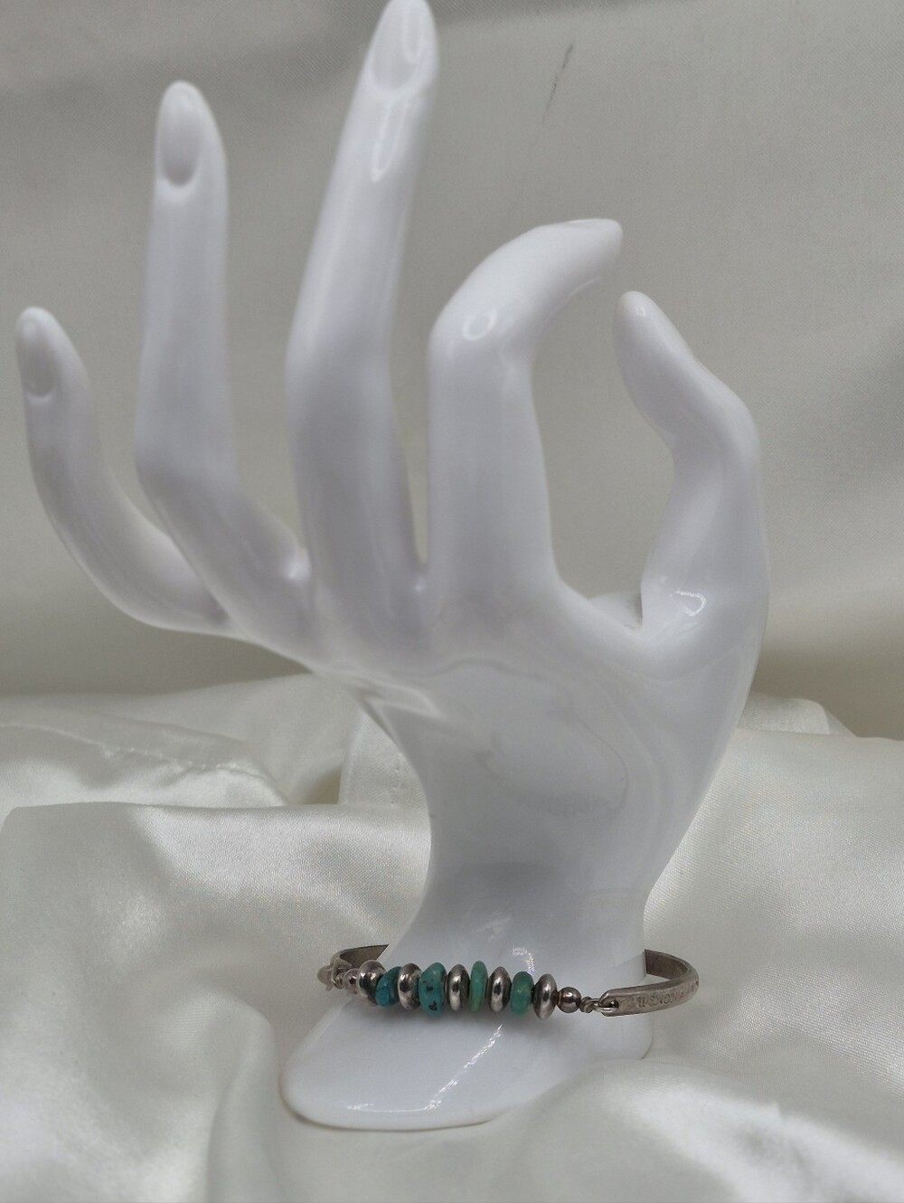 Turquoise Bead Sterling Silver Bracelet Cuff Closure Hook Type Vintage Wenona